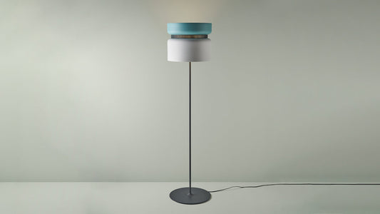 B.lux Aspen floor lamp with an aqua top shade and white bottom shade, studio view