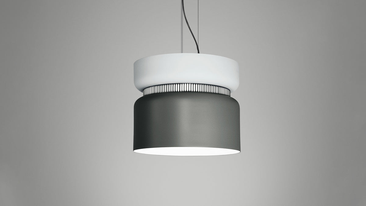B.lux Aspen pendant with a white top shade over a dark grey bottom shade