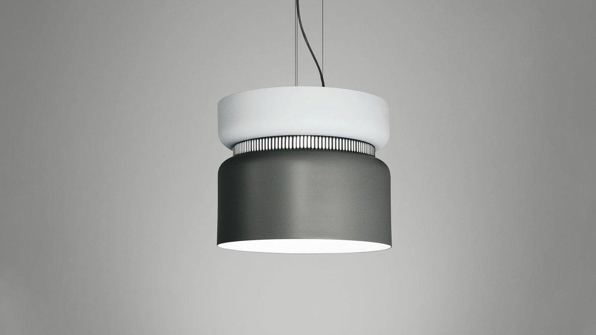 B.lux Aspen pendant with a white top shade over a dark grey bottom shade