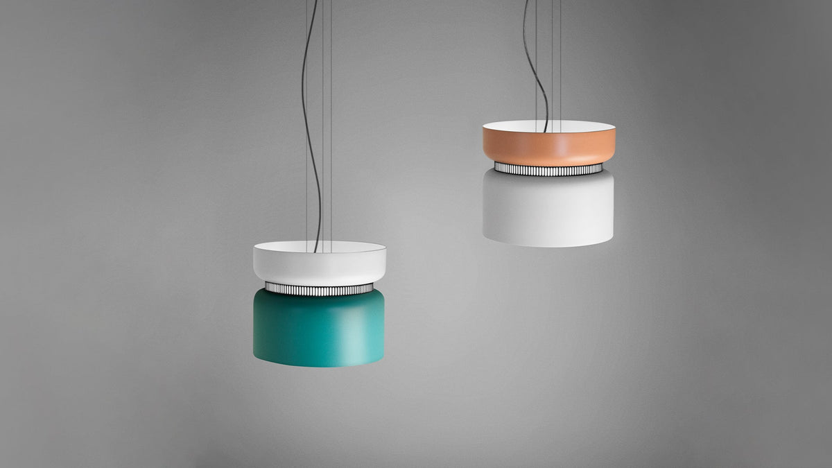 B.lux Aspen pendants in teal and white with copper tones