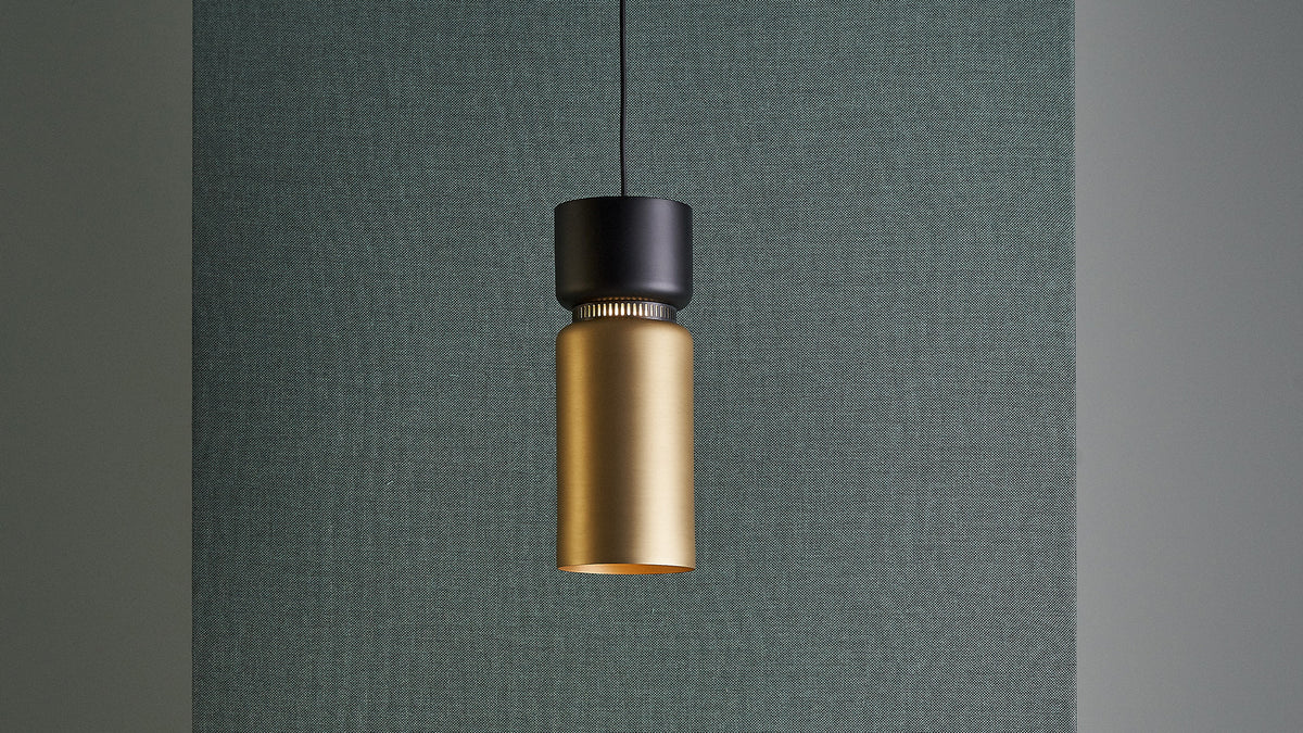B.lux Aspen S pendant in black and brass on a teal wall