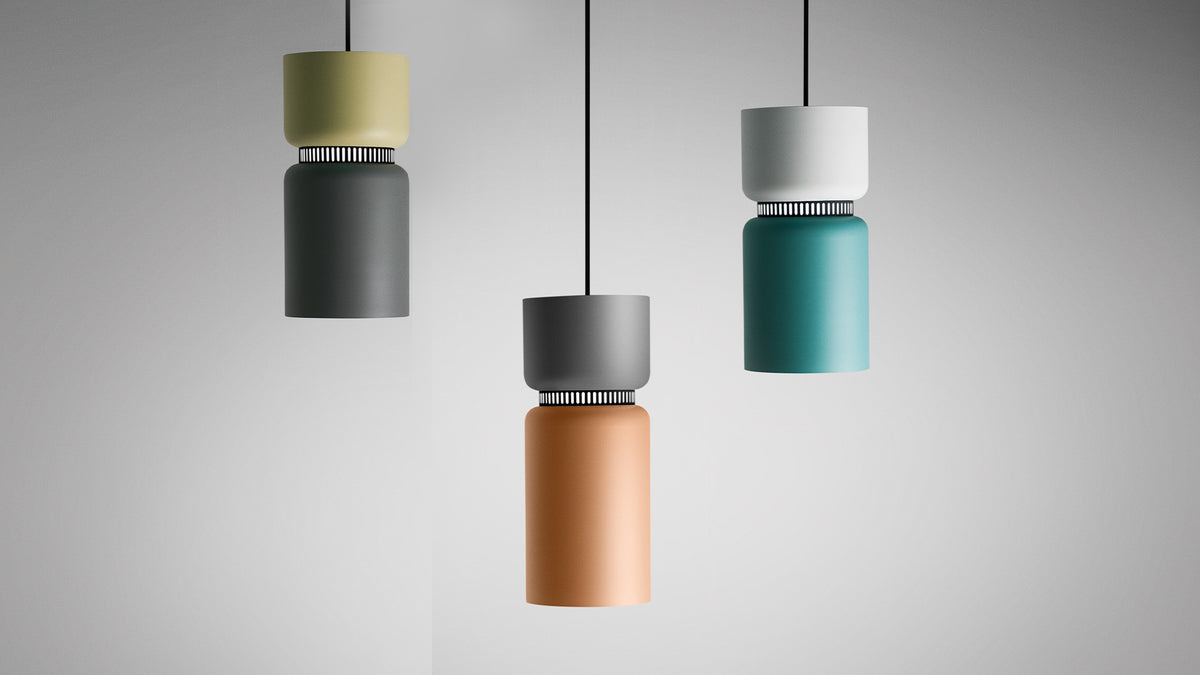 Three B.lux Aspen pendants in different top and bottom shade pairings