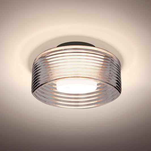 Besa Belu LED semi-flush ceiling light, Smoke ribbed drum glass, black canopy – studio view (Besa photographs Smoke in Black and Clear in Satin Nickel; Bronze uses the same glass)