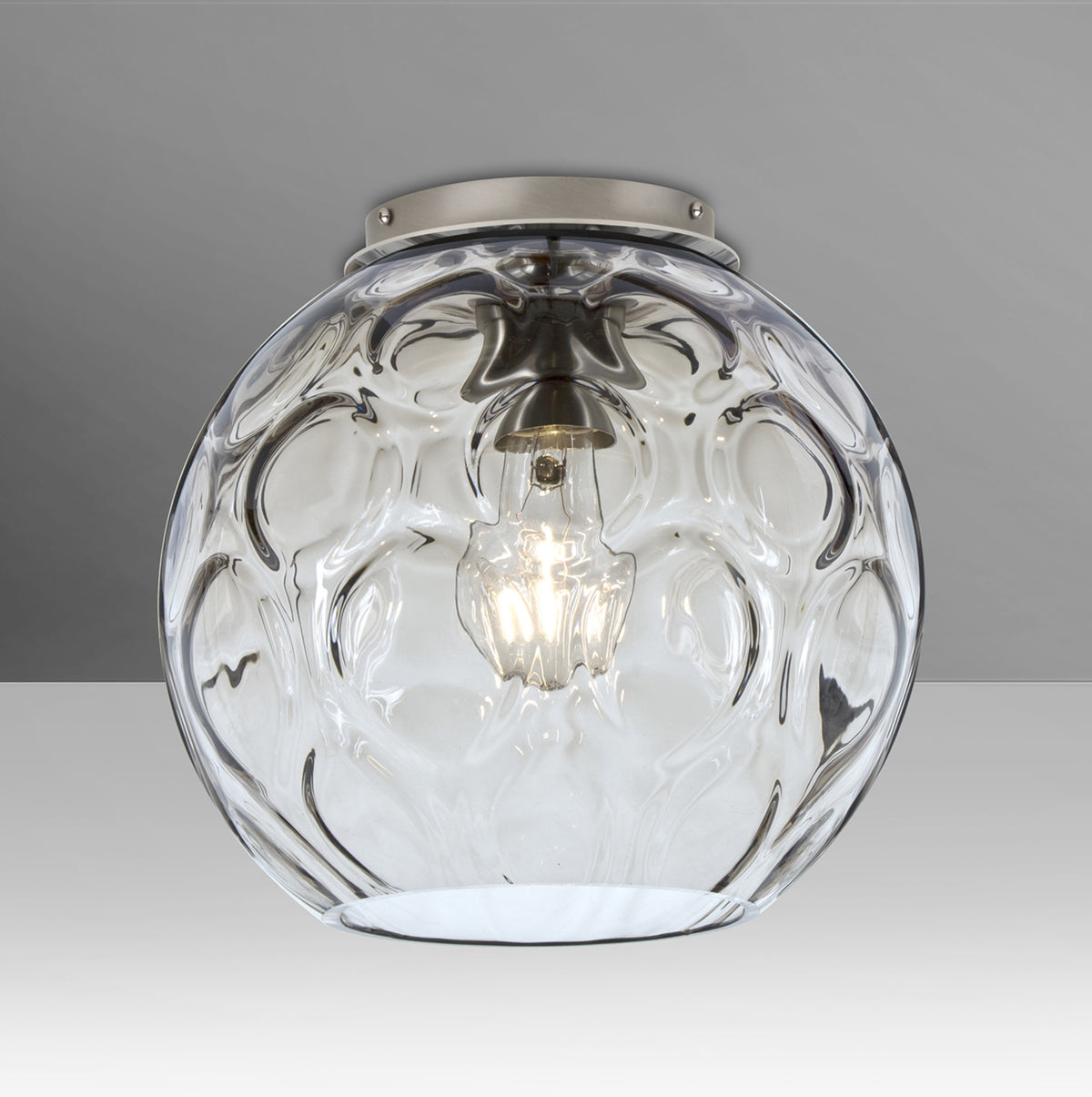 Besa Bombay semi-flush ceiling light, Clear optic glass globe, satin nickel canopy – studio view