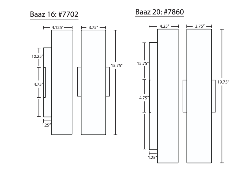 Besa Baaz 16 and 20 wall sconce dimensional line drawing with installation measurements