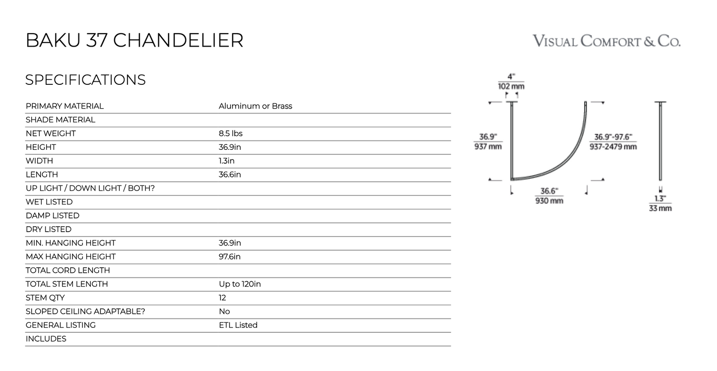 Baku 37-inch Sculptural LED Chandelier High Ceilings by Visual & Comfort & Co