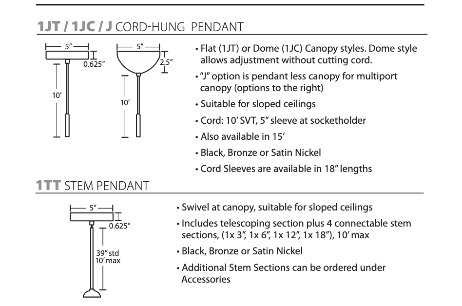 esa Bana pendant canopy and cord options with available finish selections