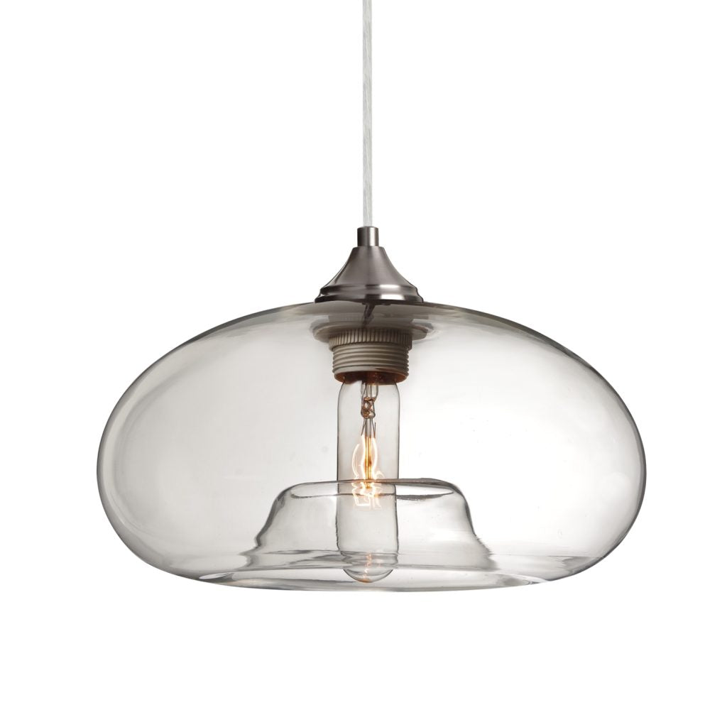 Besa Bana pendant light with clear handcrafted glass shade and satin nickel finish