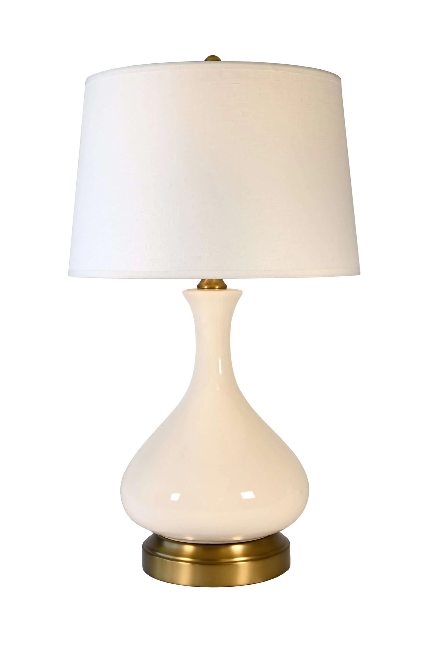 Modern rechargeable table lamp with ivory finish, brass hardware and linen shade