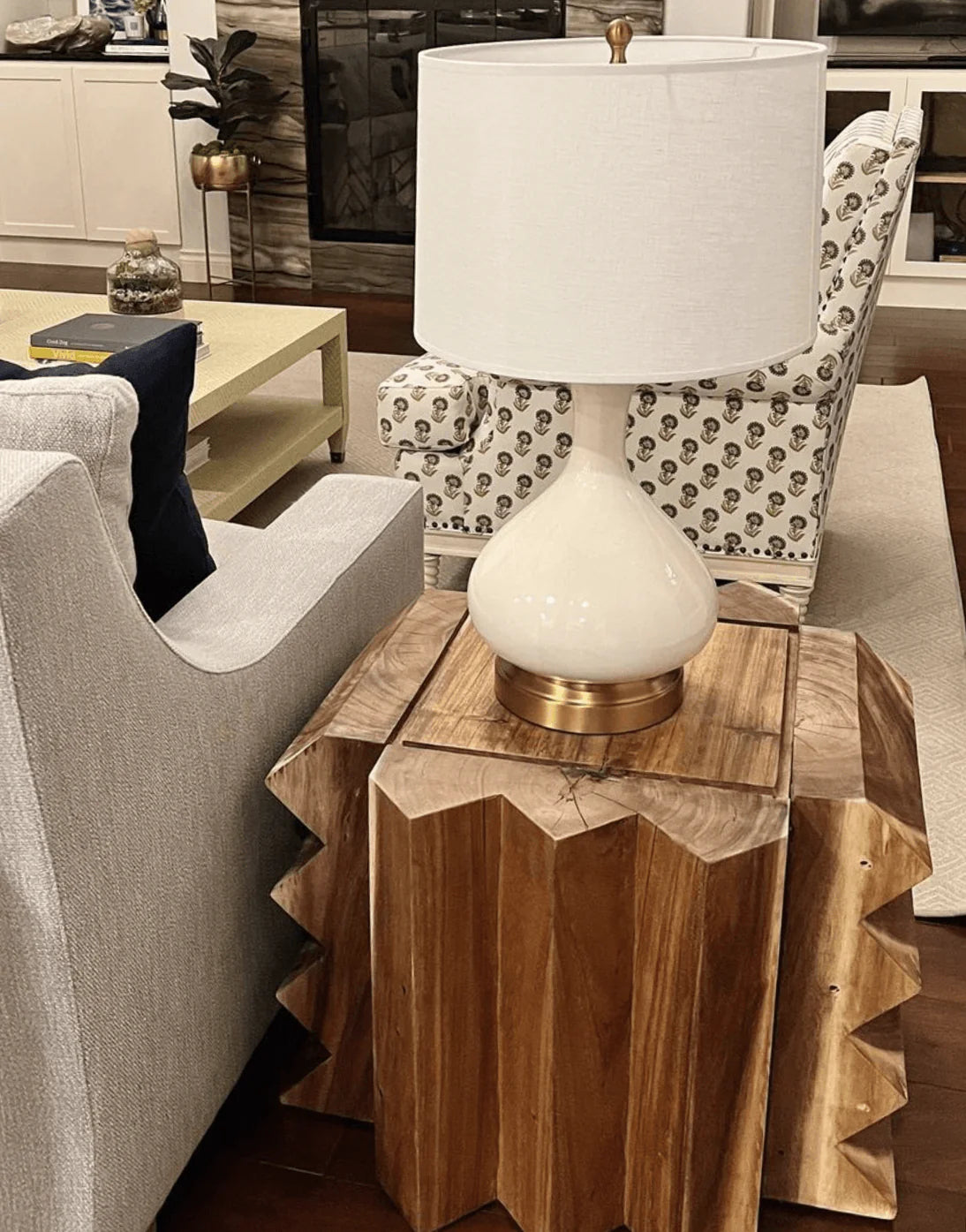 Warm white rechargeable Bartlett lamp with classic linen drum shade
