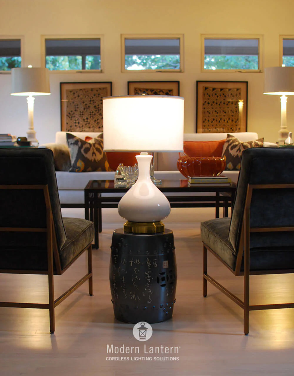 Contemporary ceramic cordless table lamp with brass base