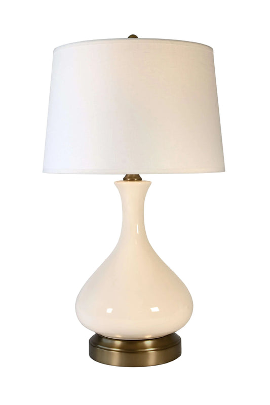 Bartlett ivory ceramic cordless table lamp with dark brass accents and fabric shade