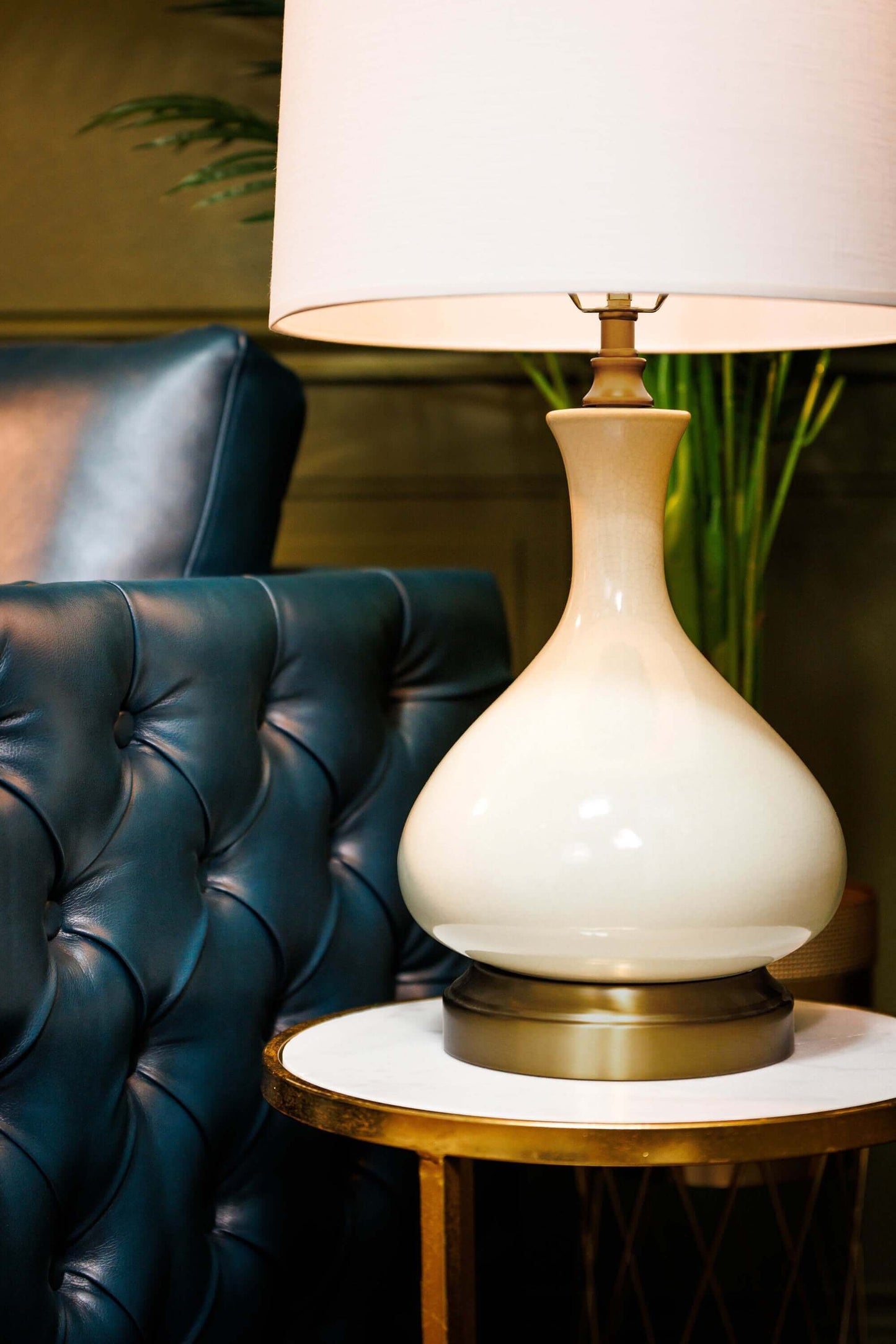 Bartlett cordless LED table lamp with ivory ceramic body and fabric shade
