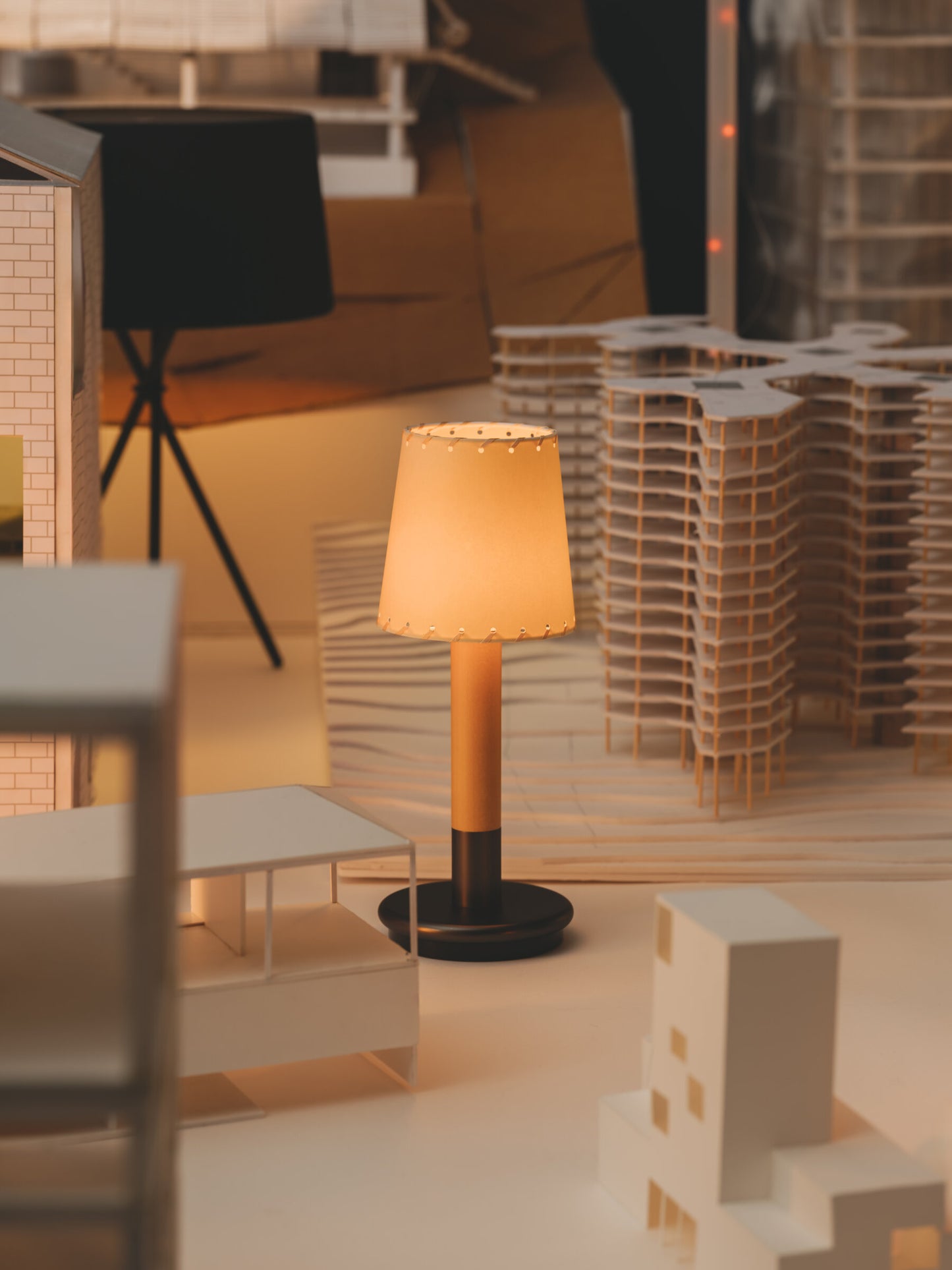Hand-assembled parchment shade lamp by Santa and Cole