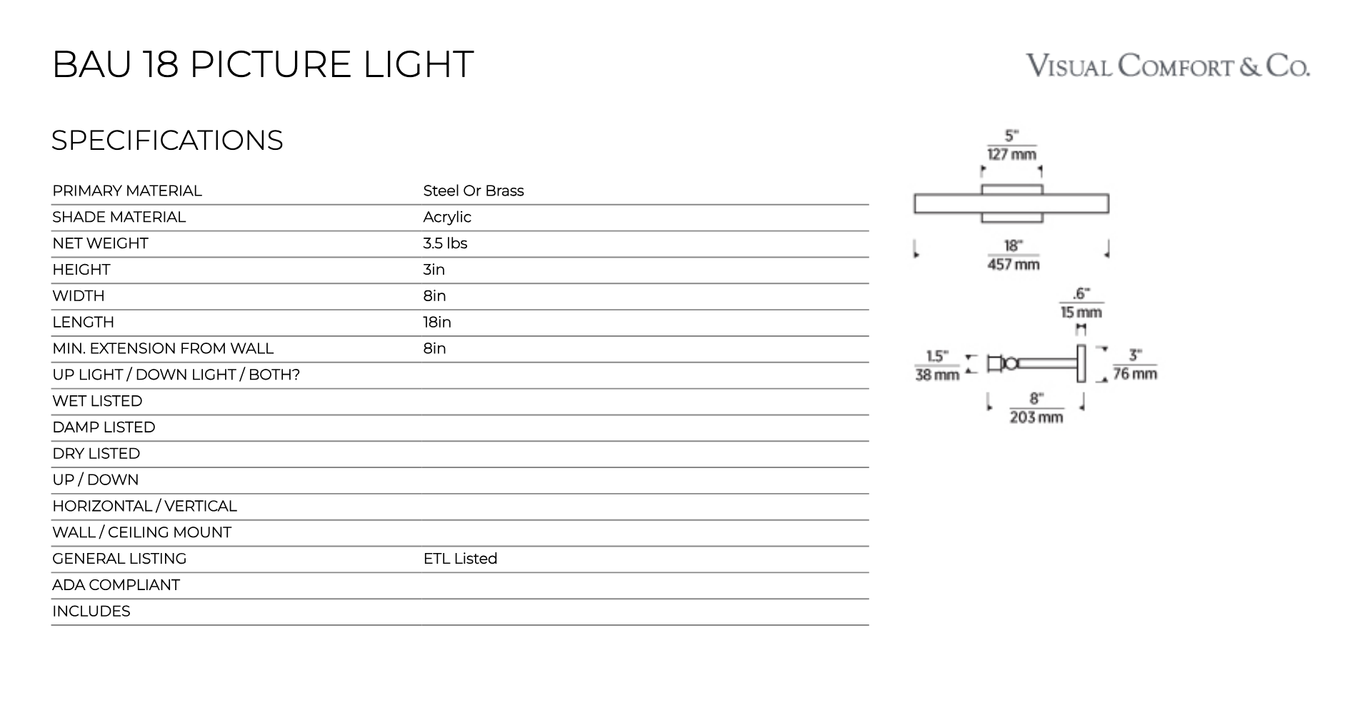 Bau 18-inch LED Picture Light Artwork by Visual & Comfort & Co