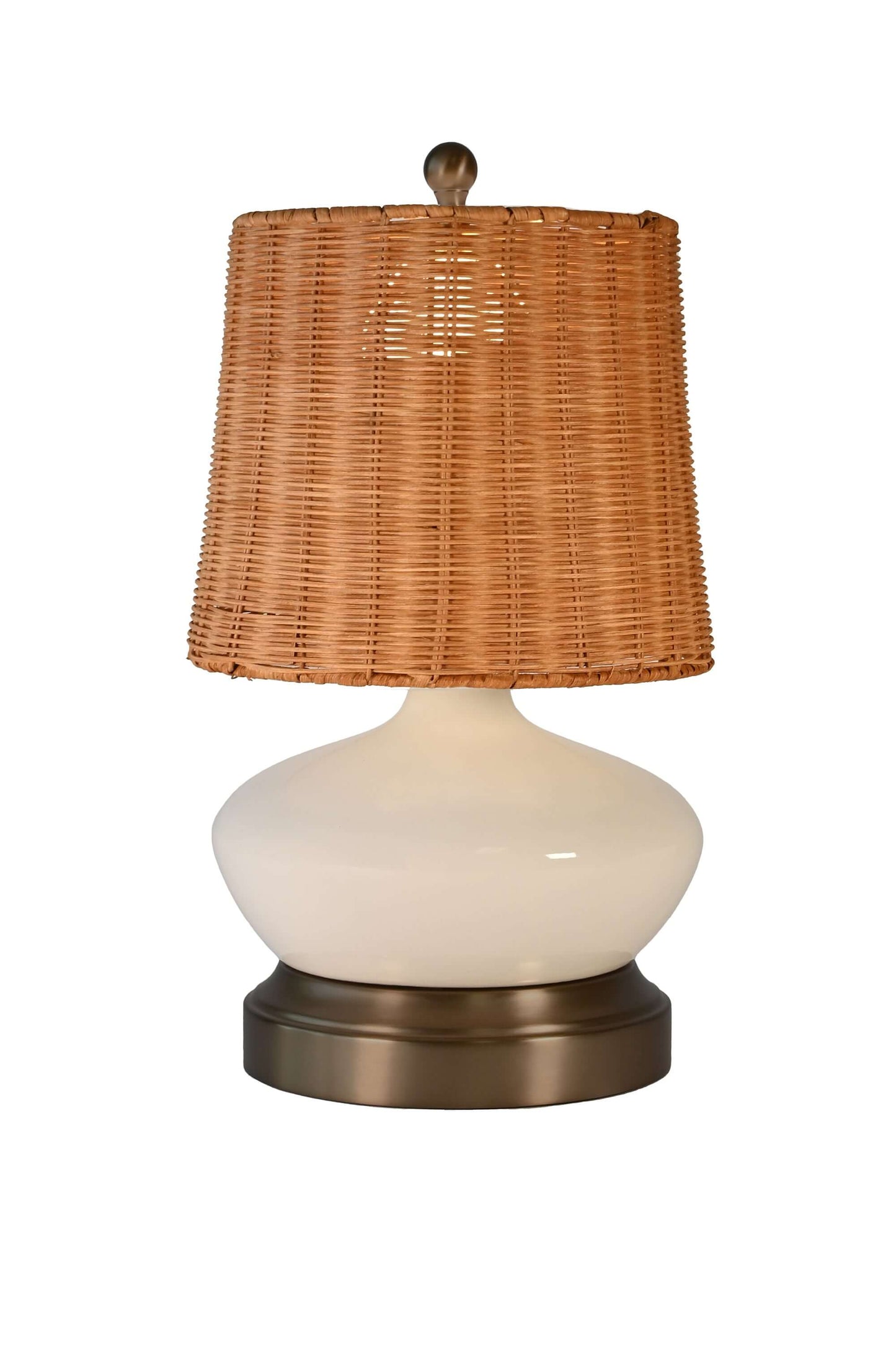 Decorative ivory ceramic rechargeable lamp for living room side table with rattan shade