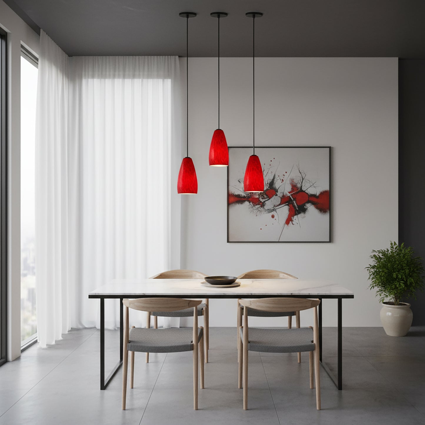 Modern ceiling pendant light with warm ambient illumination over dining table