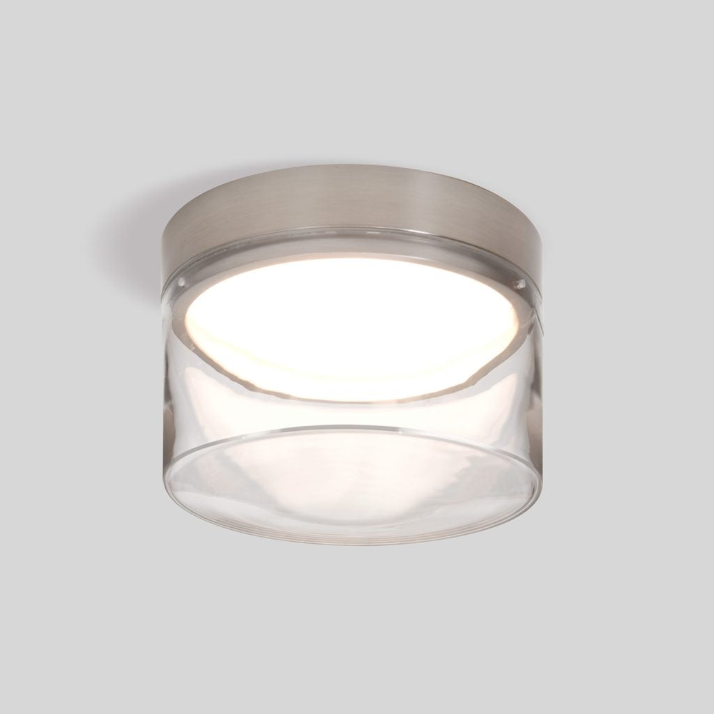Damp rated LED ceiling light for bathroom hallway and entryway with clear glass and satin nickel finish