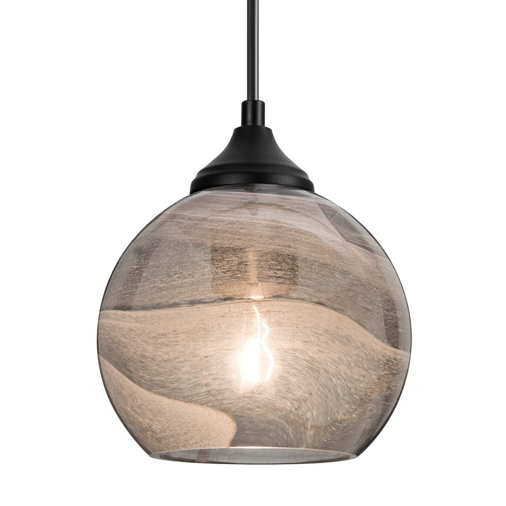 Black outdoor pendant with textured Vapor Smoke glass and warm illumination