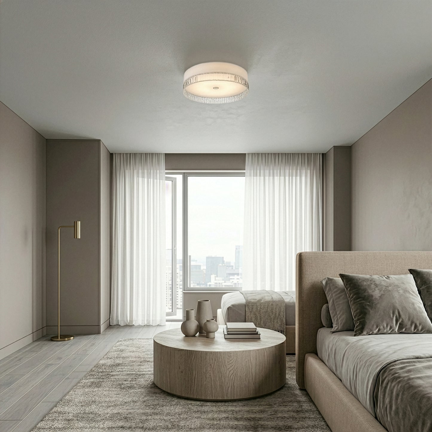 Besa ceiling light with layered glass diffuser and warm illumination installed in living room