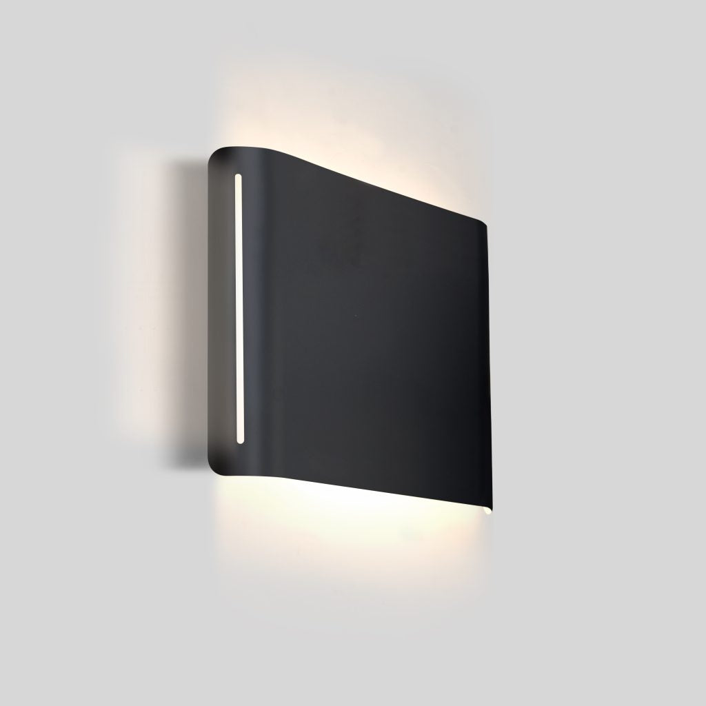 Modern indoor LED wall fixture with soft upward and downward lighting in black finish