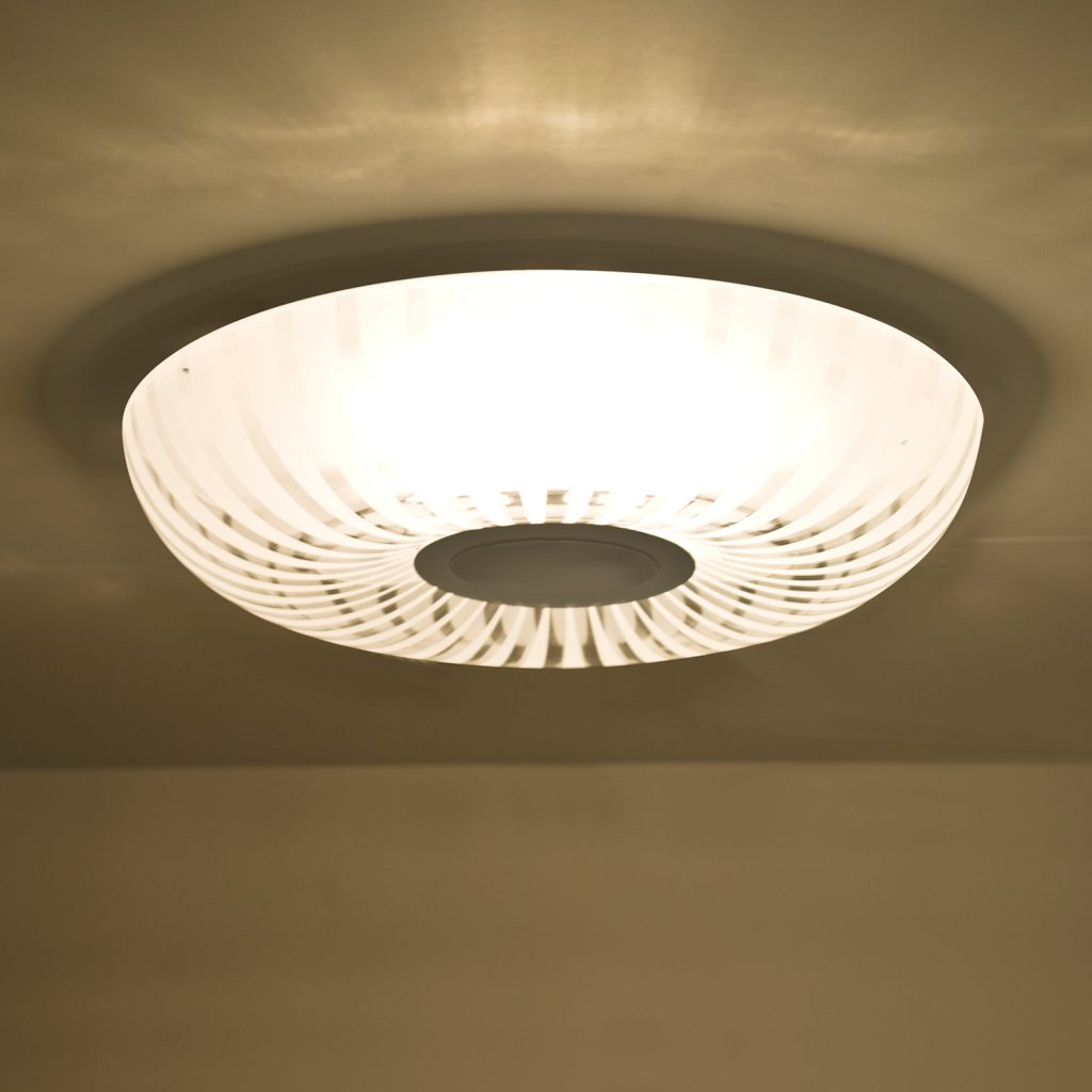 Decorative blown clear glass diffuser with frosted stripes for contemporary interior lighting