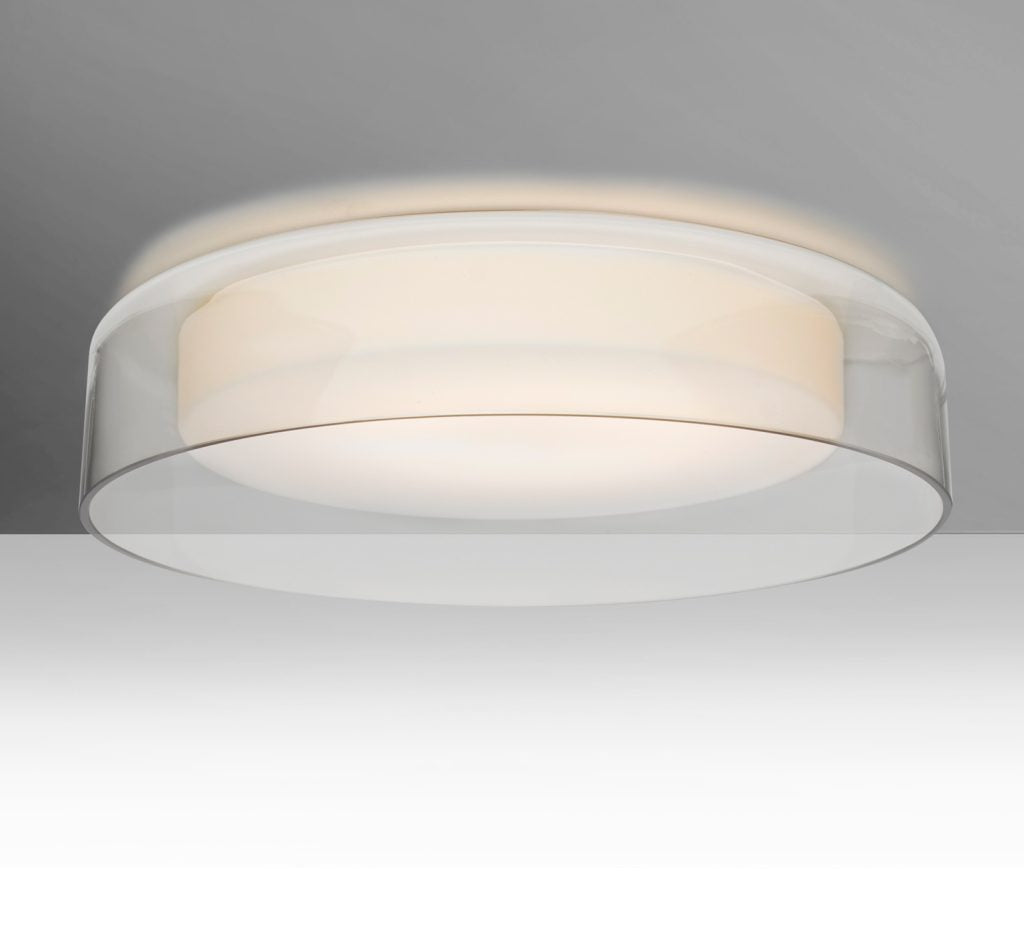 Round LED flush mount ceiling light in Clear glass with Opal Matte diffuser for indoor spaces
