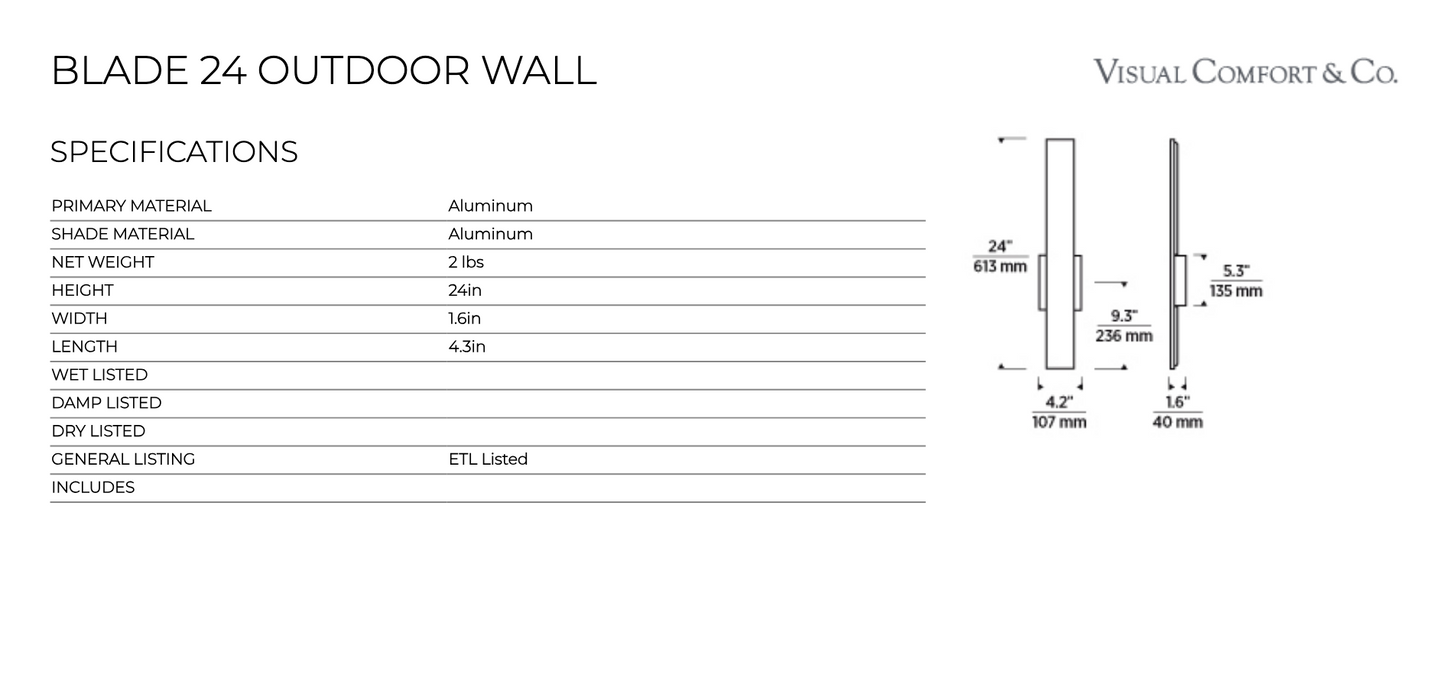 Blade 24-inch Indoor Outdoor LED Wall Sconce by Visual & Comfort & Co