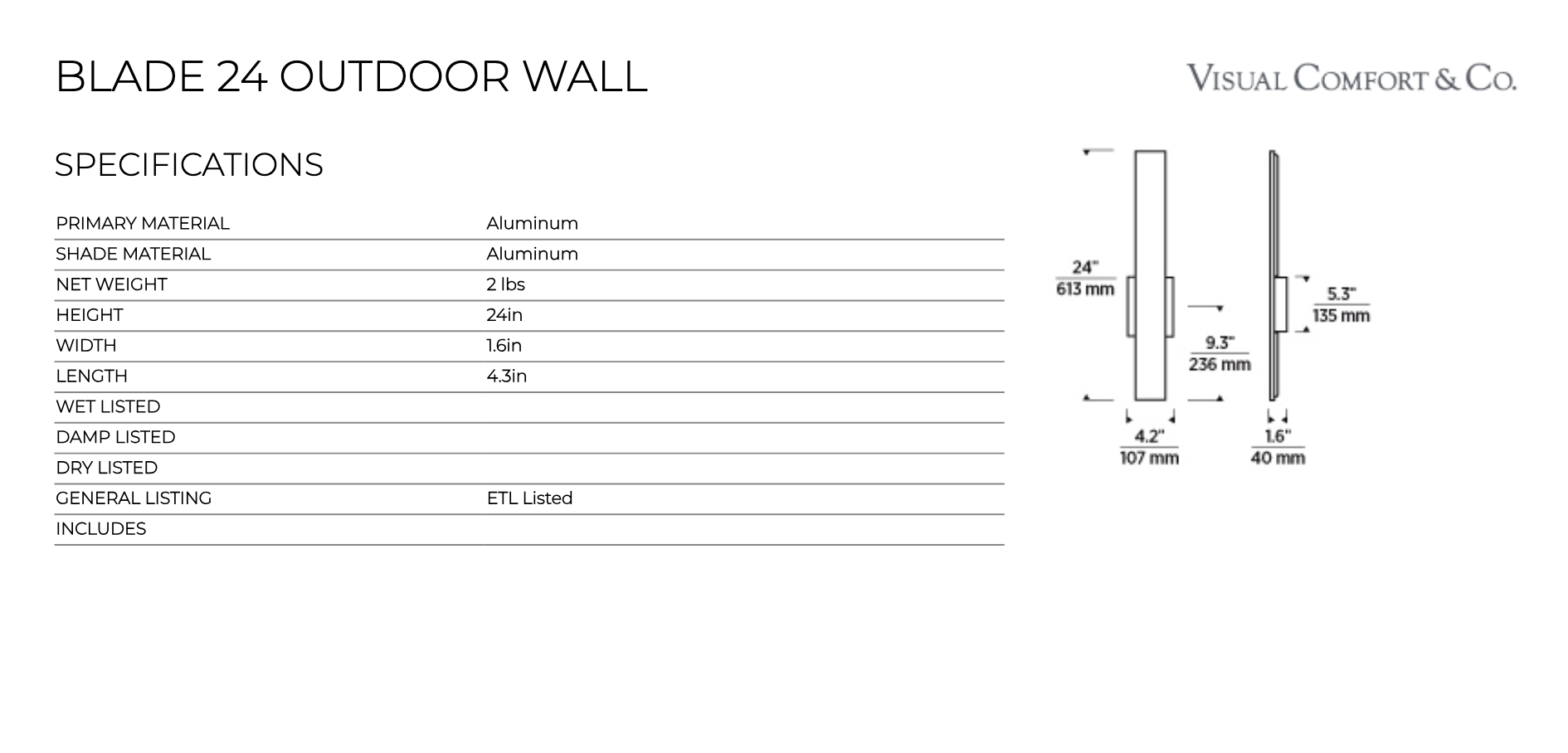 Blade 24-inch Indoor Outdoor LED Wall Sconce by Visual & Comfort & Co