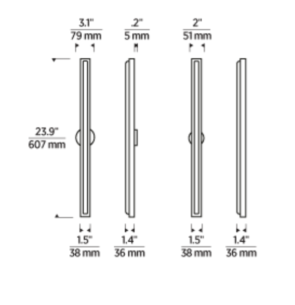 Technical line drawing of Bloccare 24 vanity wall light in modern ADA-compliant design by Visual Comfort