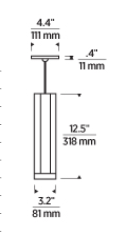 Technical line drawing of Visual Comfort Blok Small LED Pendant Light showing compact dimensions and minimalist pendant profile