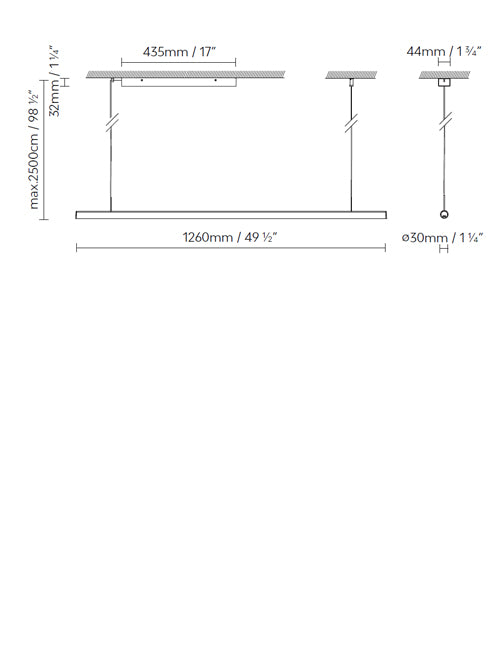 B.lux Blokinline LEDTube S 1200 Linear pendant lamp - AIA Salazar-Navarro Design dimensions drawing