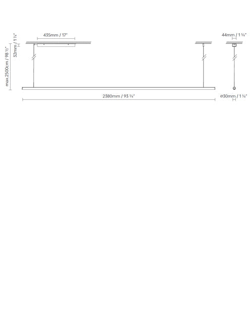 B.lux Blokinline LEDTube S 2400 Linear pendant lamp - AIA Salazar-Navarro Design dimensions drawing