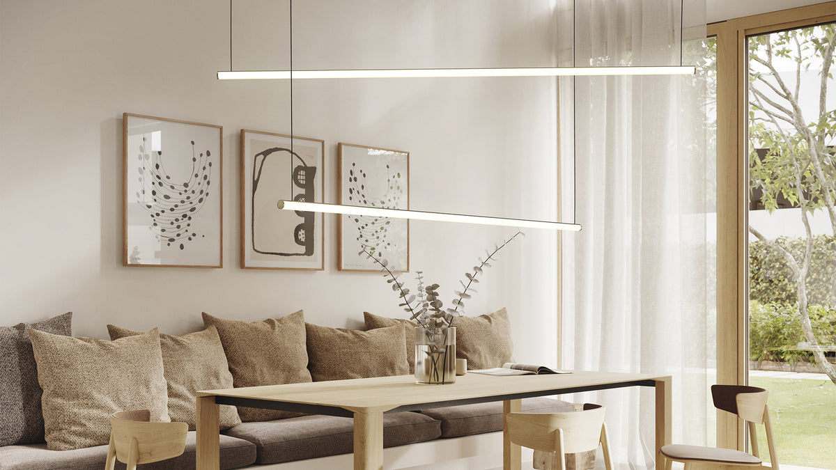 Blokinline LEDtube linear pendant lamp in a dining room
