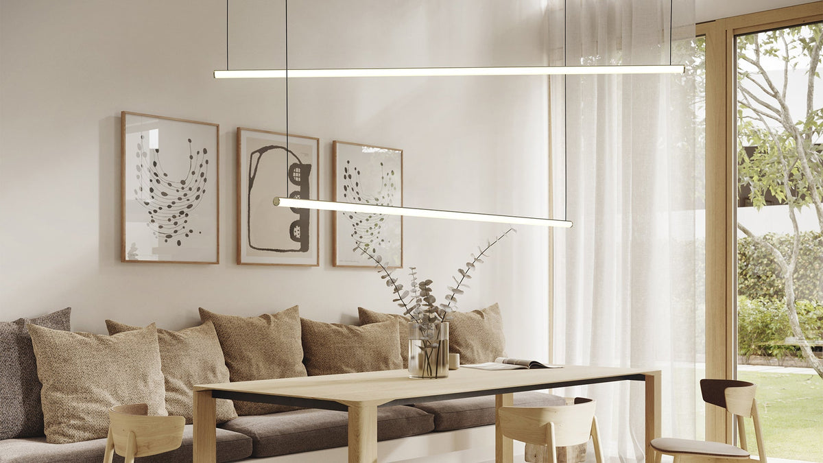 Blokinline LEDtube linear pendant lamp in a dining room