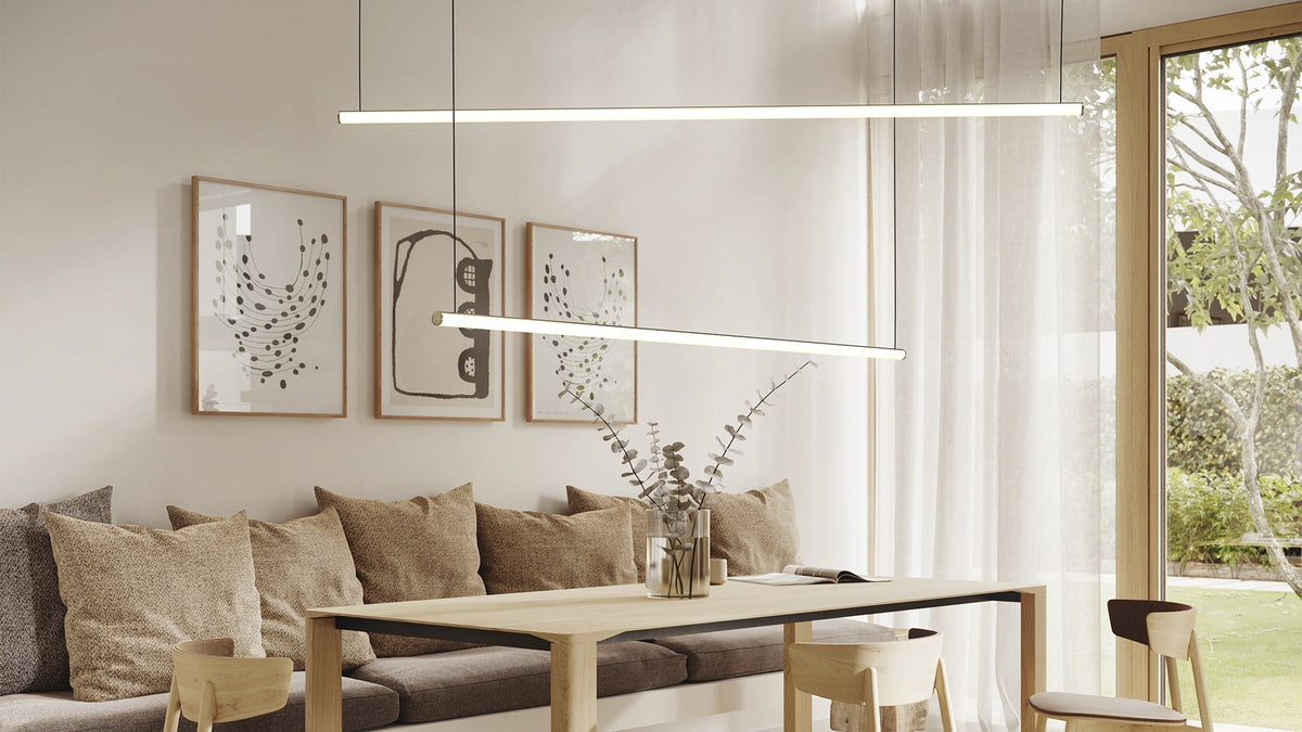 Blokinline LEDtube linear pendant lamp in a dining room