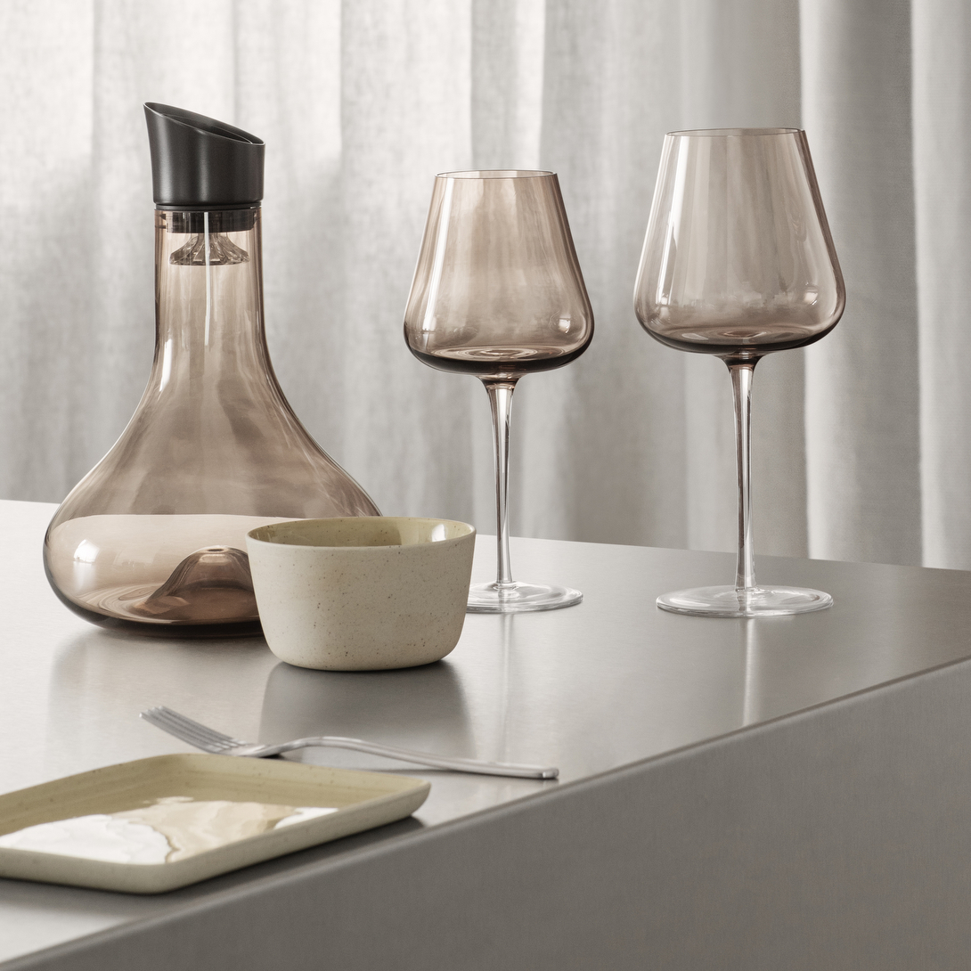 blomus BELO White Wine Glasses 13.5 oz, Set of 2 – Coffee-tinted wine glasses beside a decanter