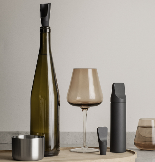 blomus ILO Wine Bottle Stopper & Pourer Set – ILO stopper and pourer set in a styled setting (3)