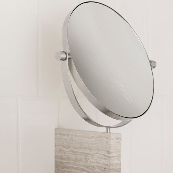 blomus LAMURA Marble Wall-Mounted 5x Vanity Mirror – LAMURA wall mirror in a styled bathroom (3)