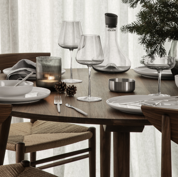 blomus BELO White Wine Glasses 13.5 oz, Set of 2 – tinted BELO glasses on a set dining table