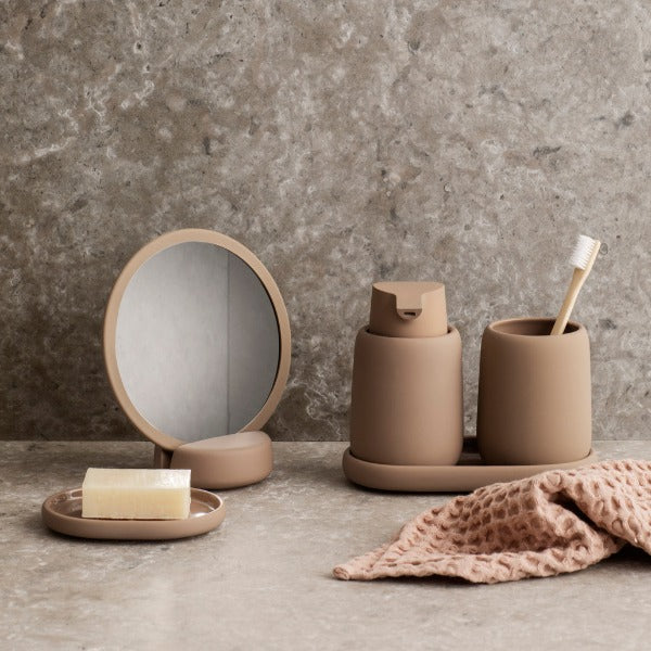 blomus SONO Oval Ceramic Vanity Tray, 7.5 in – SONO vanity tray in a styled bathroom (3)