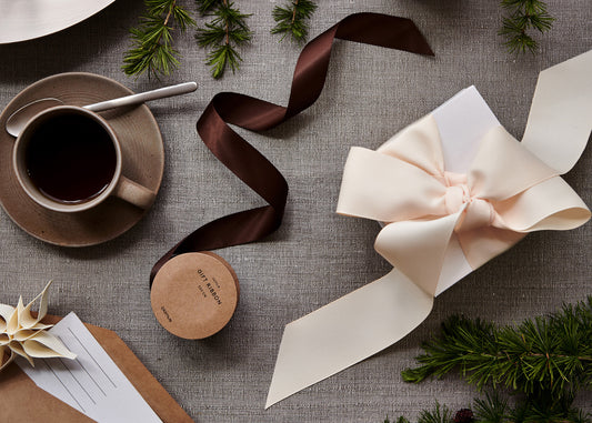 blomus KUMI Espresso Cups & Saucers, Set of 2 – Fungi espresso cup with ribbons and gift wrap from above