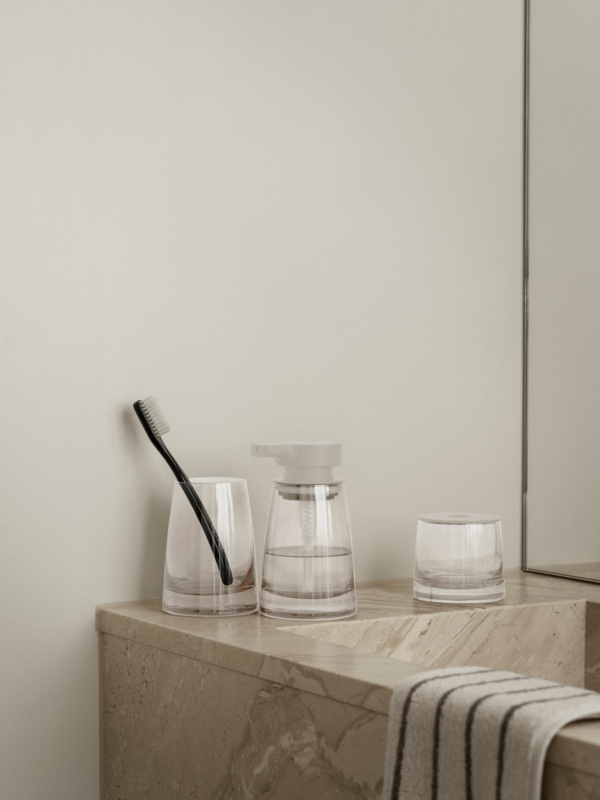 blomus AVA Hand-Blown Glass Toothbrush Tumbler – AVA tumbler in a styled bathroom (3)
