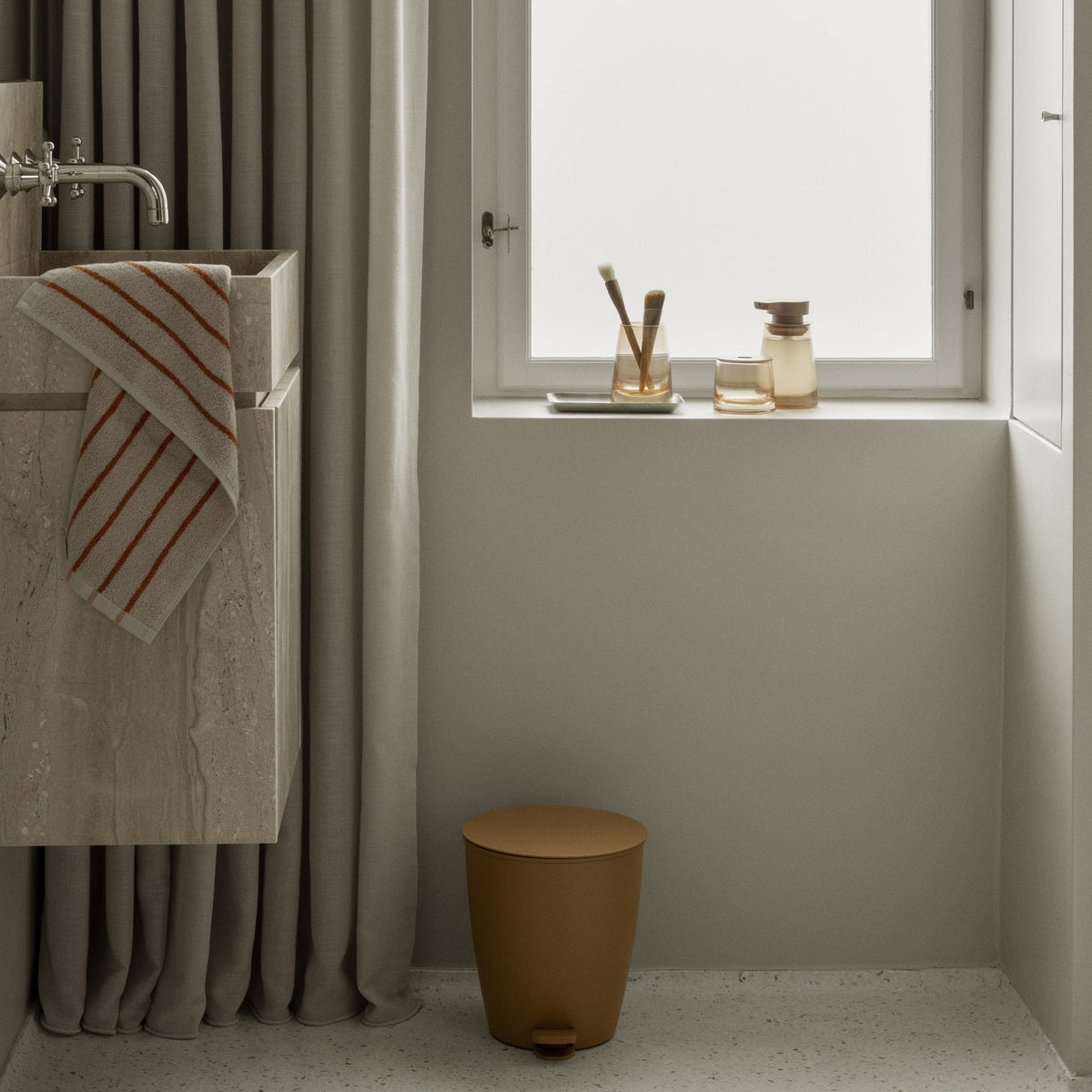 blomus AVA Glass Vanity Canister with Lid – AVA vanity canister in a styled bathroom (2)