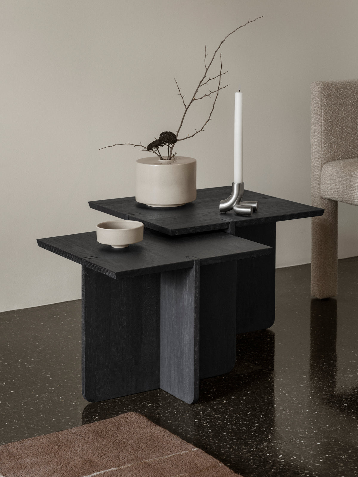 blomus MAKOTO Stoneware Vase, Narrow Opening – Moonbeam vase on a dark side table