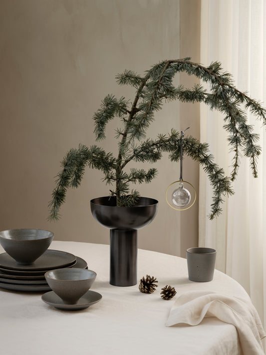 blomus KUMI Stoneware Bowls, Reactive Glaze, 4 Sizes – Espresso bowls and tea mug on a table with a pine branch
