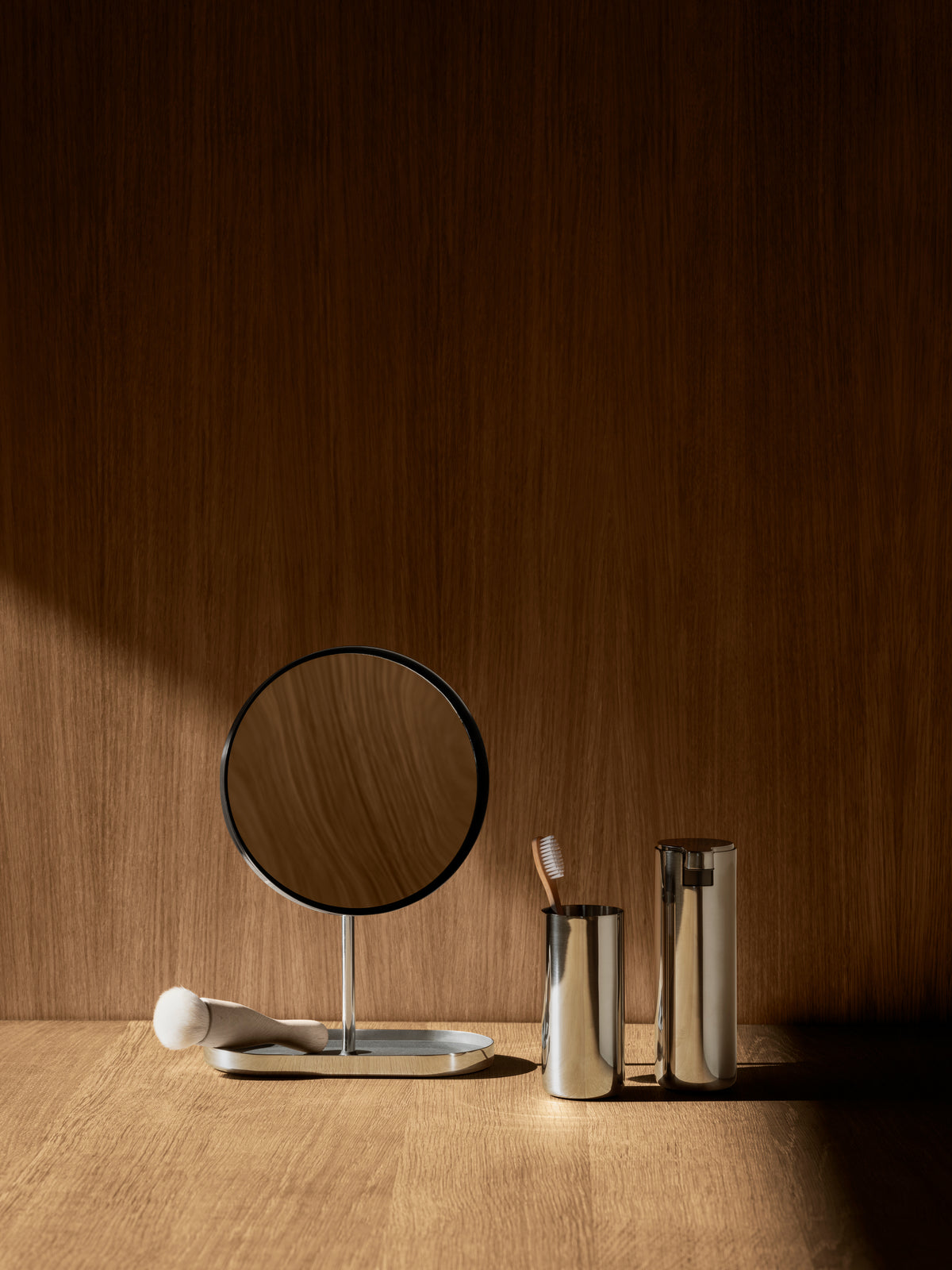 blomus MODO Refillable Soap Dispenser, 5.6 oz, 6 Finishes – MODO soap dispenser in a styled bathroom (11)