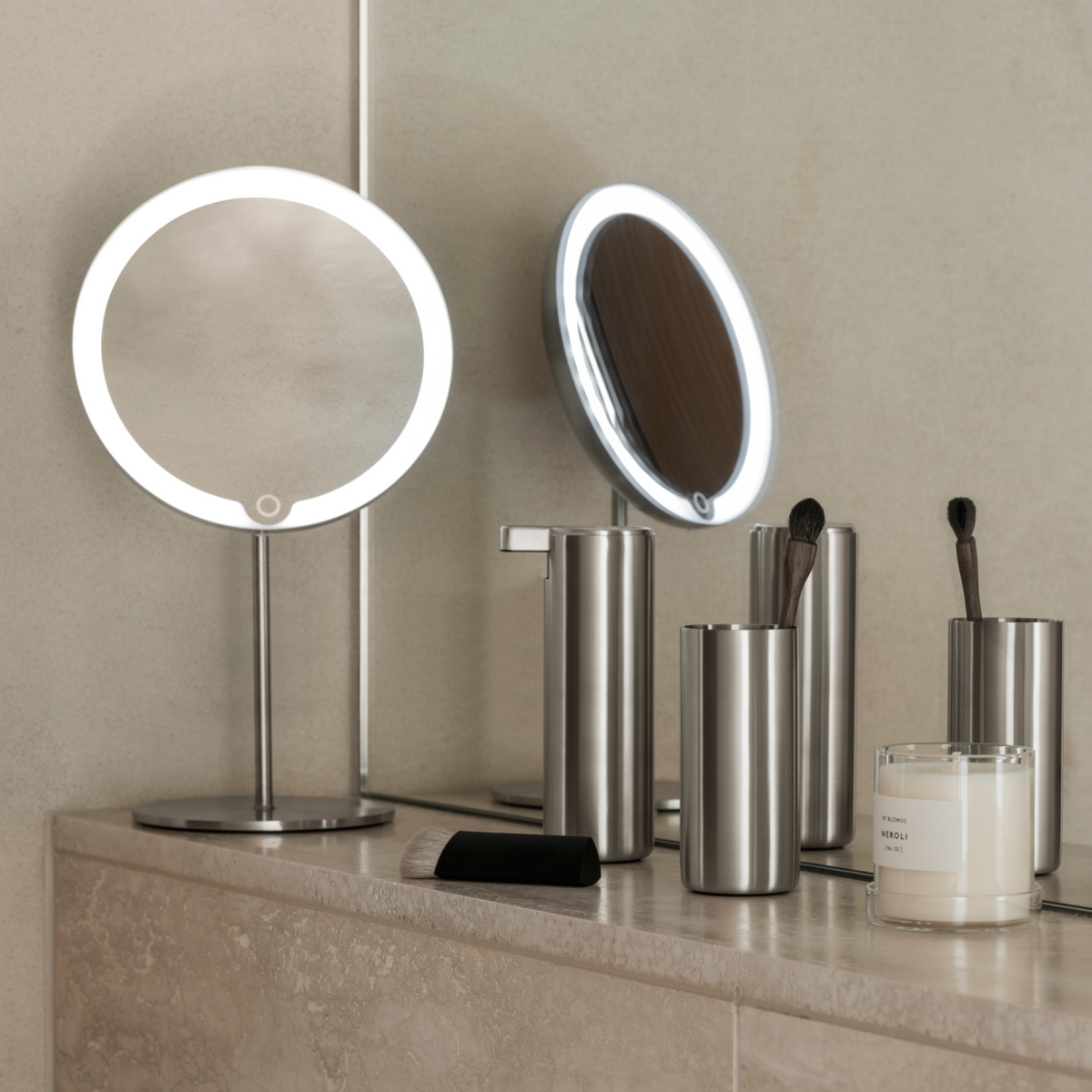 blomus MODO Refillable Soap Dispenser, 5.6 oz, 6 Finishes – MODO soap dispenser in a styled bathroom (1)