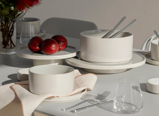 blomus PILAR Stoneware Serving Bowls, 8 in or 11 in – Moonbeam serving bowl with salad servers at lunch