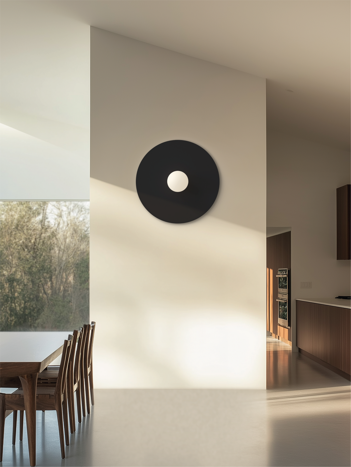Bola Disc Colors flush mount discs glowing in a tall room view